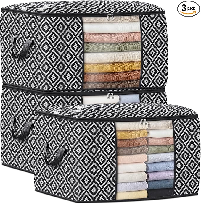 100L 3 Pack Storage Bags, Foldable Clothes Bins with Clear Window, Black | 100L 3 Pack Storage Bags, Foldable Clothes Bins with Clear Window, Black