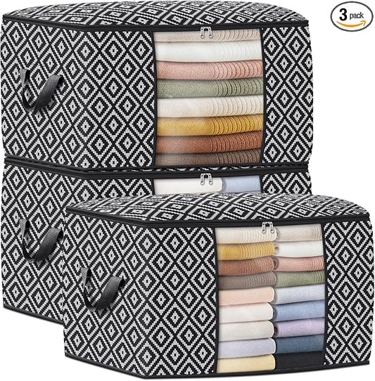 100L 3 Pack Storage Bags, Foldable Clothes Bins with Clear Window, Black | 100L 3 Pack Storage Bags, Foldable Clothes Bins with Clear Window, Black