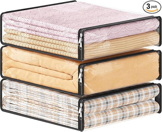 Lifewit 14L Clear Sheet Storage Bags with Zipper 3 Pack, Plastic Sweater Storage Bins for Clothing, Vinyl Foldable Clothes Containers Organizers for Closet, Blankets, Bedding 15.7 x 13.8 x 3.9 Inch