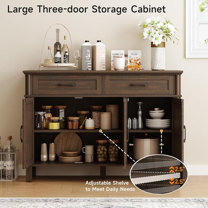 48 Inch Buffet Cabinet with Storage, Farmhouse Sideboard Buffet w/2 Drawers and 3 Doors, Wood Coffee Bar Cabinet with Adjustable Shelves, Sideboard Storage for Kitchen, Living Room, Brown