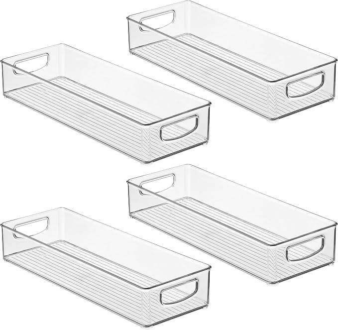 iDesign Slim Extra Long Clear Storage Bin, 4-Pack | Narrow, Stackable, Kitchen or Pantry Organizer