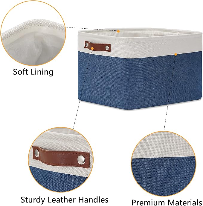 DULLEMELO Fabric Storage Bins, Foldable Storage Baskets for Organizing, Empty Gift Baskets (3-Pack Medium-15 inch X 11 inch X 9.5 inch , White&Blue)