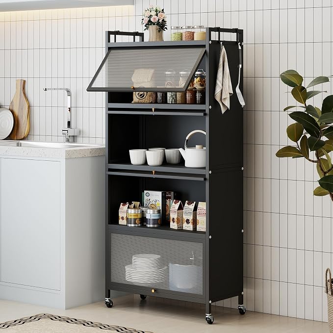 Giantex 5-Tier Kitchen Storage Cabinet, Freestanding Metal Baker's Rack w/4 Flip-up PC Doors, 4 Hooks, Adjustable Feet & Rolling Wheels, Mobile Microwave Stand for Dining Room, Living Room (Black)