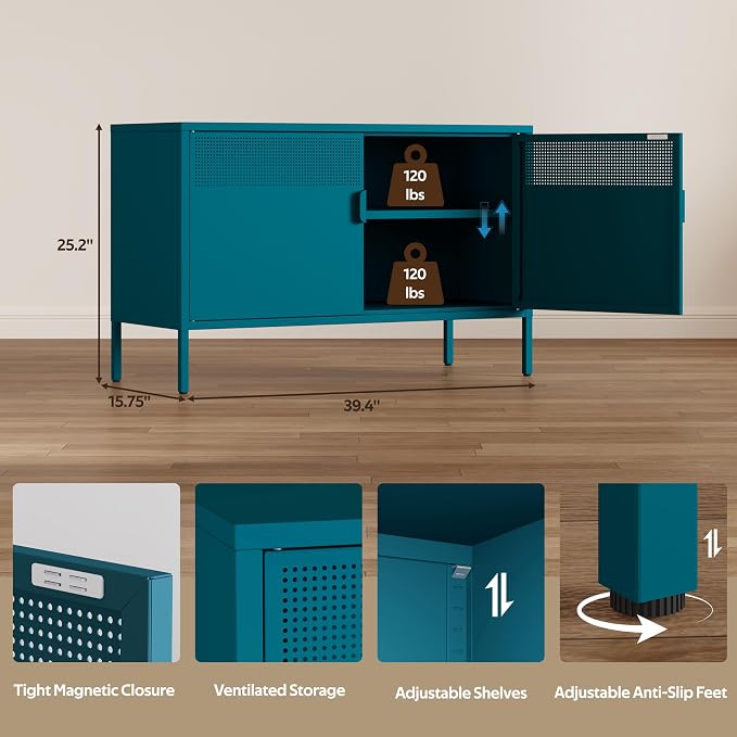 Metal Storage Cabinet with 2 Doors & Adjustable Shelves, Blue | 25"H Accent Cabinet, Metal Locker Storage Cabinets, TV Stand Cabinet for Home, Office, Living Room, Entryway