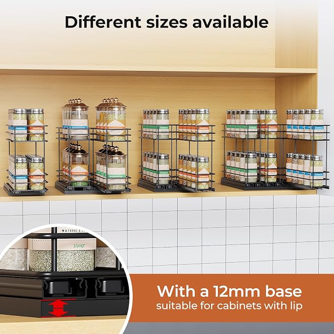 Mystozer Pull Out Spice Rack Organizer for Cabinet, Slide Out Spice Racks, Easy to Install Spice Cabinet Organizers, 5.28" Wx10.43 Dx8.26 H, 2 Drawers 2 Tiers(Black)