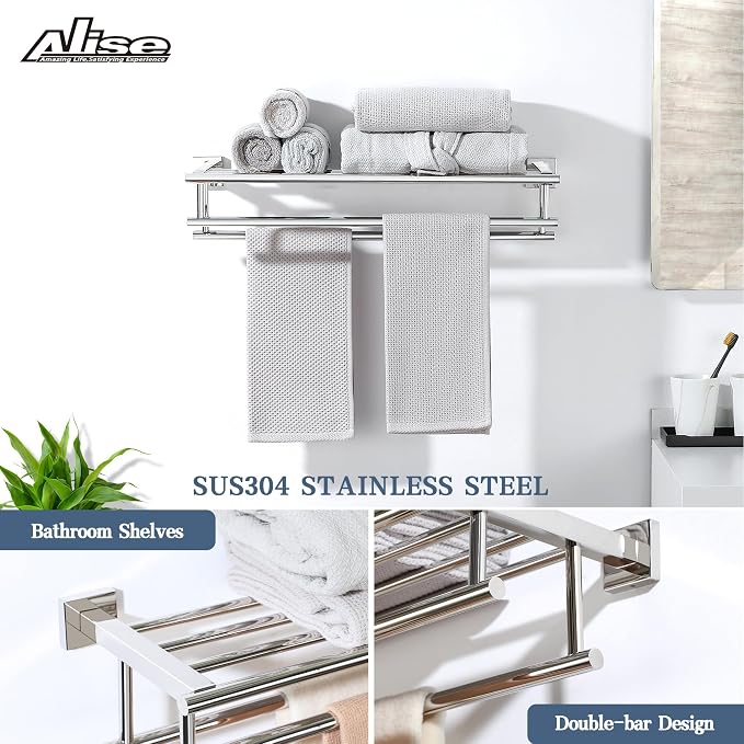 Alise Double Towel Rack for Bathroom Wall Mounted 24 Inch,Polished Chrome | Bathroom Tower Holder Towel Shelf with Double Towel Bars,SUS304 Stainless Steel Towel Rack with Shelf