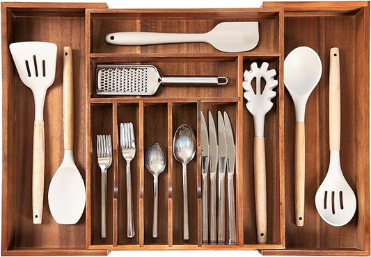 KitchenEdge Silverware & Utensil Drawer Organizer, 14.5-25 in, Acacia | Cutlery, flatware, food-safe contract grade, kitchen drawer fit