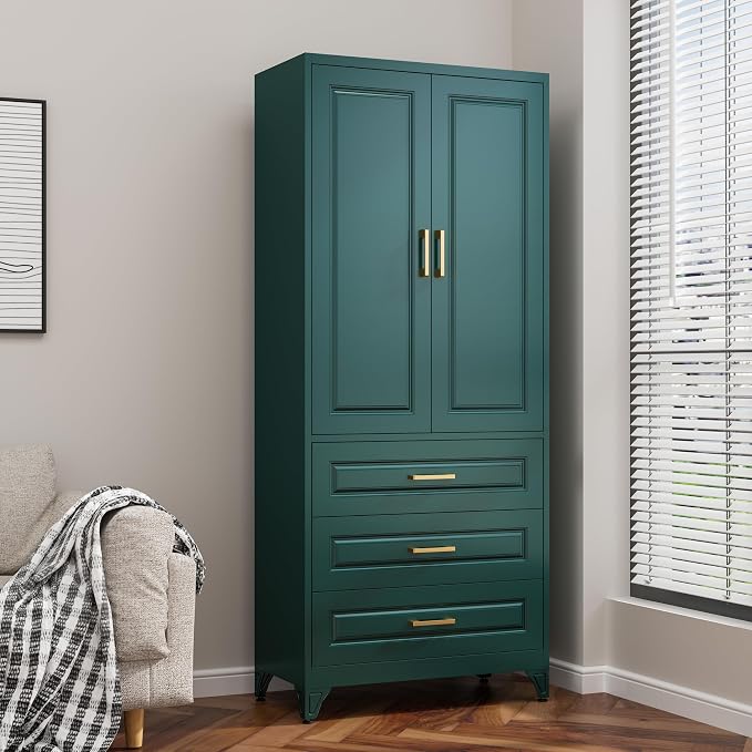 75" Metal Pantry Storage Cabinet with 3 Drawers, Green | Premium Cold-Rolled Steel Frame, Luxury Gold Handles, Adjustable Inner Shelves, Magnetic Doors, Anti-Tipping Kit