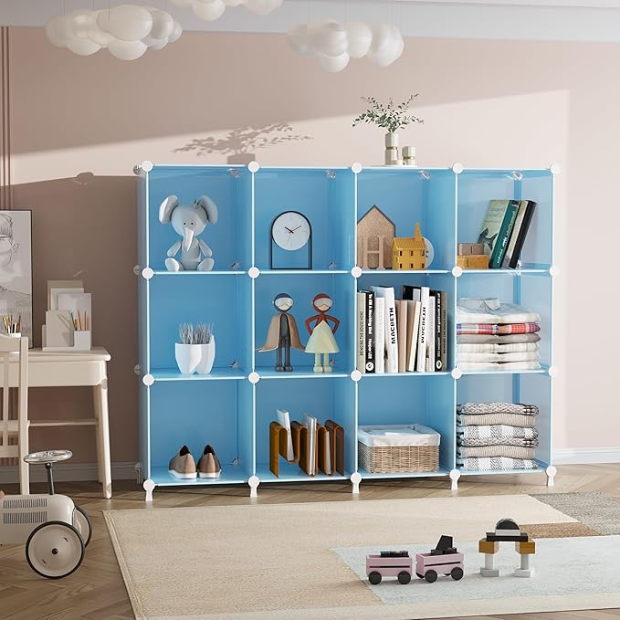 AWTATOS 12 Cube Storage Organizer, Closet Organizers Storage Shelves, Blue | Portable Closet Organizers, DIY Stackable Storage Cubes Shelves Bookshelf, Plastic Clothes Shelving for Home, Bedroom