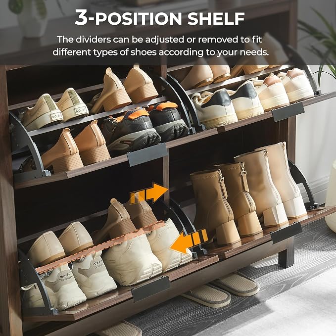 4-Flip Drawer Shoe Cabinet Narrow Entryway Rack, Brown | Vertical Wood Grain, Metal Handles, Adjustable Compartments, Removable Shelf, Anti-Tip Device, for Hallway Foyer Entryway