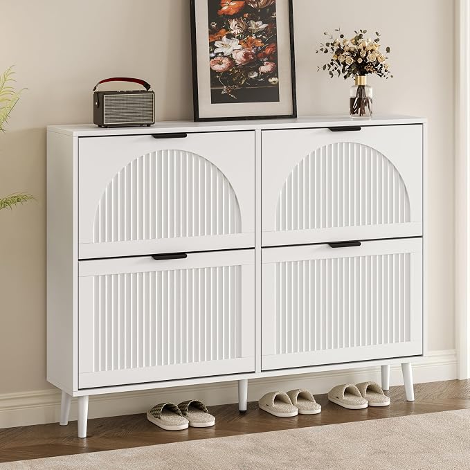 BORNOON Shoe Cabinet for Entryway with 4 Flip Drawers, Slim Wooden Shoe Storage Organizer with Modern Fluted Pannel，Freestanding Narrow Hidden Shoe Rack for Hallway, Foyer, Living Room