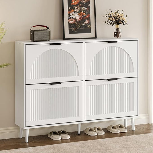 BORNOON Shoe Cabinet for Entryway with 4 Flip Drawers, Slim Wooden Shoe Storage Organizer with Modern Fluted Pannel，Freestanding Narrow Hidden Shoe Rack for Hallway, Foyer, Living Room