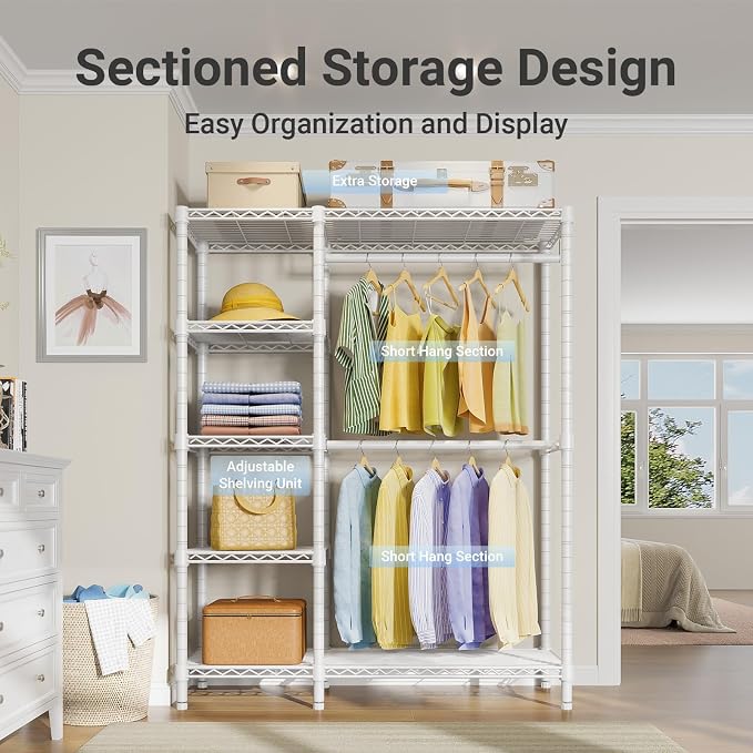 VIPEK V7 Garment Racks for Hanging Clothes Heavy Duty Clothes Rack with Shelves, Portable Closet Rack Metal Clothing Racks 5 Tiers Freestanding Closet Wardrobe System, Max Load 670lbs, White