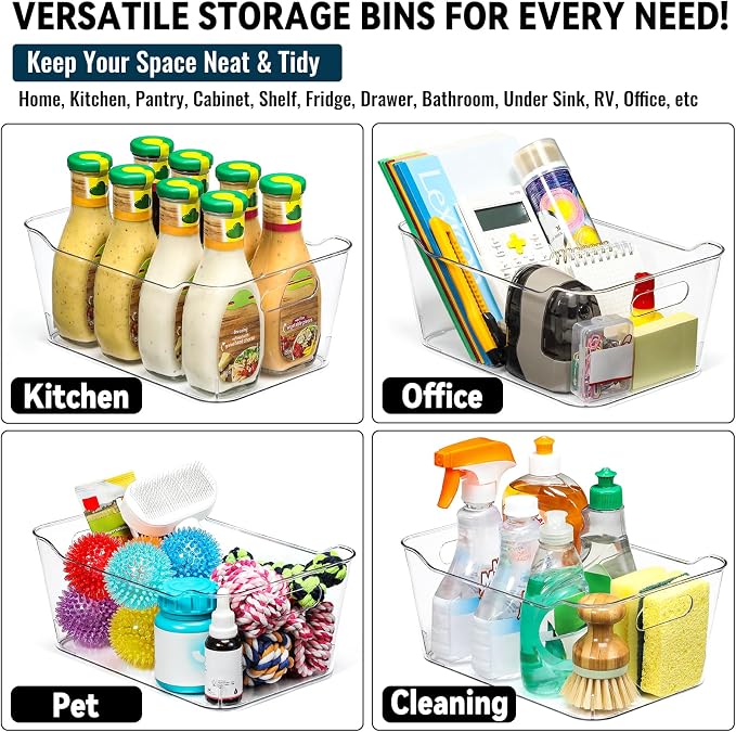 12 PACK Multiuse Clear Plastic Storage Bins for Organizing w/ Labels - Home, Kitchen, Bathroom, Office, Pantry Cabinet Shelf Organizer Bins - SOHO Collection, RV, Fridge Organization Containers