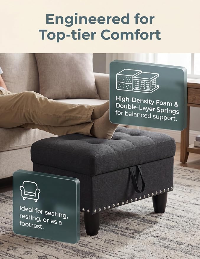 Ottoman with Storage, 28.5 inch Liner Storage Ottoman with Padded Seat, Large Entryway Bench with Solid Wood Frame, Upholstered Sturdy Foot Rest for Living Room, Bedroom, Entryway, Black Gray