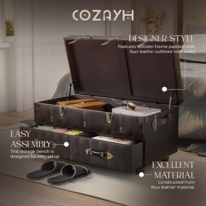 COZAYH Vintage Storage Bench, Upholstered Wooden Ottoman Chest Box, Brown