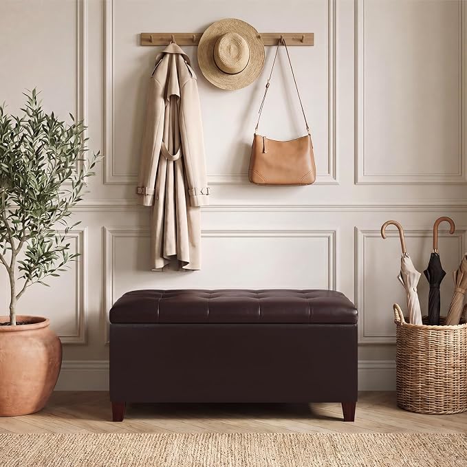 Storage Ottoman Bench, 33" Faux Leather Upholstered End of Bed Bench with Safety Hinge,Wooden Legs,for Entryway Bedroom Living Room,Chocolate Brown