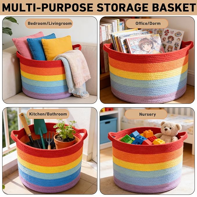 115L Large Blanket Basket,Rope Woven Laundry Basket-Rainbow | Collapsible, reinforced handles, nursery storage bin organizes clothes, toys and pillows for living room, bedroom bathroom