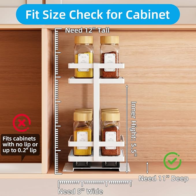 Pull Out Spice Rack 4Pcs Metal & Wood Seasoning Organizer White | No-Drill Install | Full-Extension Silent Glide | Each Tier Holds 10–12 Standard Spice Bottles | Rustproof, Wipe-Clean Surface