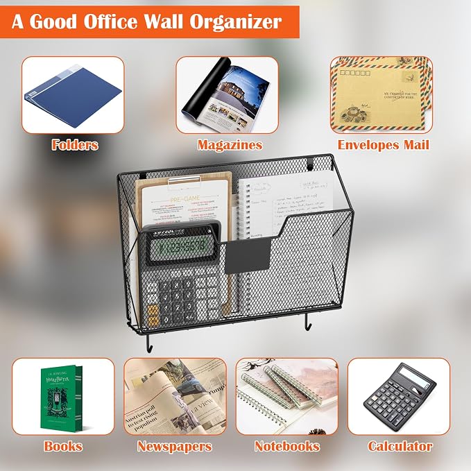 OYEAL Hanging Wall File Organizer, Mesh File Folder Holder for Home Offic | Mail Paper Orgnization, Hanging Wall Mounted Mail Organizer with Label Slots & Hooks, Magazine Rack, Vertical File Storage