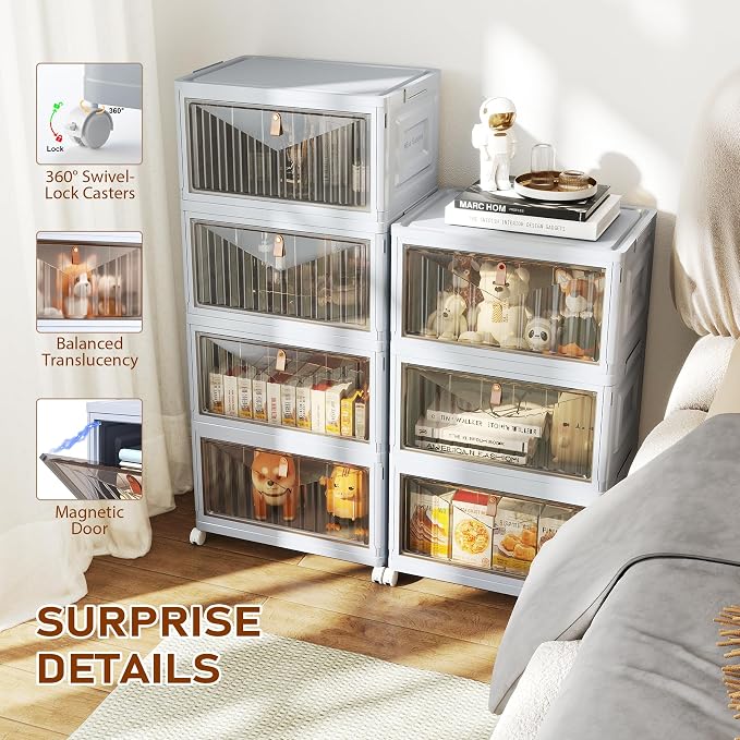 4 Tier Stackable Plastic Storage Bins with Lid and Wheels - 23 QT Closet Organizers and Storage, Foldable Storage Containers, Organization and Storage Boxes for Craft, Home, Pantry, Dorm, Grey