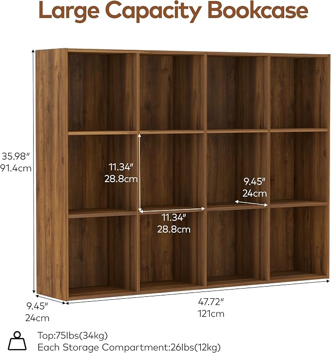 VDNEND Wooden Storage Organizer with Closed Back Panel, 11in Cube Shelf Opening, Bookshelf, Display Shelf,Closet Cabinet for Home and Office (Brown, 12-Cube 35.98L*9.45W*47.72H)