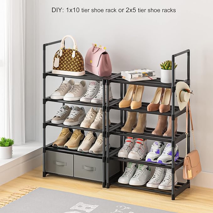 Tall Shoe Rack Narrow 10 Tier Shoes Rack 20 25 Pairs + 2 Boxes 1 Hook | Shoe Storage Organizer for Closet, Entryway, Living Room,Sturdy Metal Shoe Shelf Shoe Stand Closet Organizers and Storage