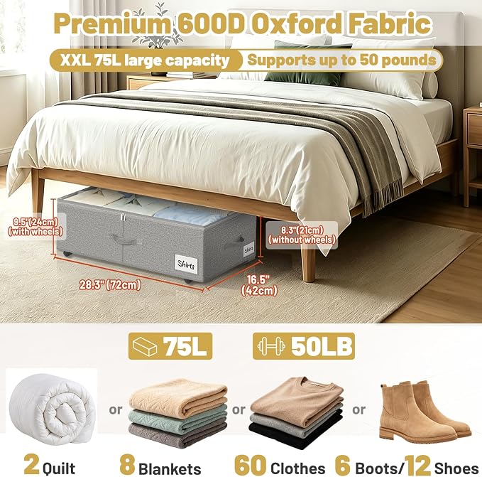 Under Bed Storage with Wheels, 2 Pack Underbed Storage Containers with Clear Lid & Label, XXL 75L Easy Assembly Rolling Under Bed Shoe Storage for Clothes, Shoes, Blankets, Gray(28.3 X 16.5 X 9.5 in)