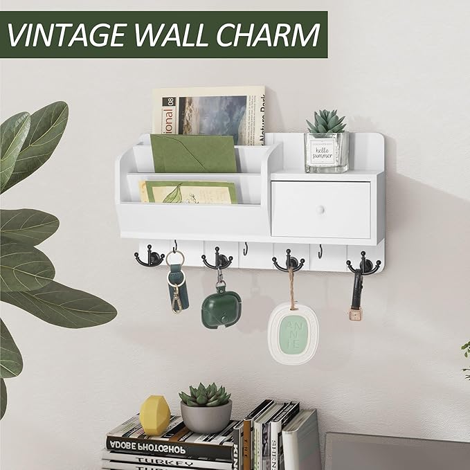Rebee Vision Key Holder Wall Mount with Mail Organizer for Entryway, White | 3 Mail Sorters, Drawer, 7 Hooks, Sorts Letters, Stores Small Items, Mail and Key Organizer for Wall, Accent for Apartments