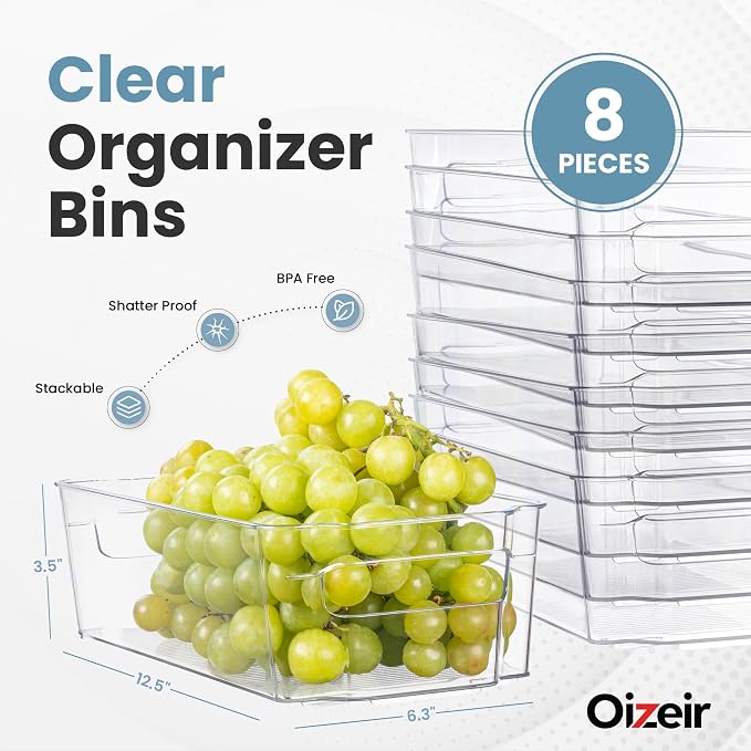 Oizeir 8 Pack Clear Plastic Storage Bins with Handles – Stackable Fridge Organizer Bins for Refrigerator, Freezer, Pantry, Kitchen Cabinet & Cupboard Organization, BPA-Free Acrylic, Transparent