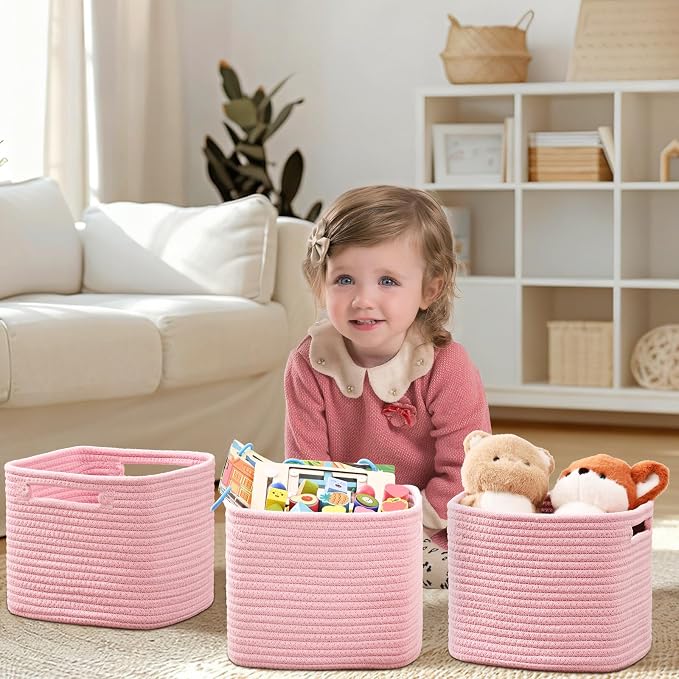 3 Pack Cube Storage Bin, 9”x9”x7” Cotton Rope Woven Baskets for Organizing Toys Clothes Towels, Square Gift Storage Baskets for Shelves, Nursery, Closet, Bathroom, Pantry (Pink)