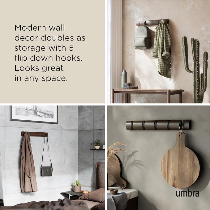Umbra Flip Coat Rack, Wall Mounted 5-Hook Space Saving, Walnut/Black | Real wood and steel build, retractable hooks fold flat, holds coats bags and scarves, easy install