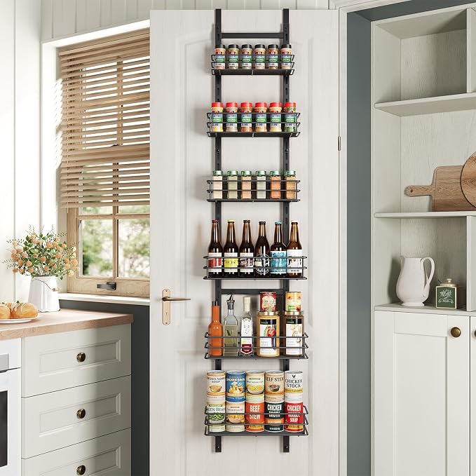 6-Tier Narrow Pantry Door Organizer,Over the Door Pantry Organizer,Black | Height Adjustable Heavy Duty Hanging Metal Basket,Back of Door Organizers and Storage for Home,Kitchen,Laundry,Bathroom