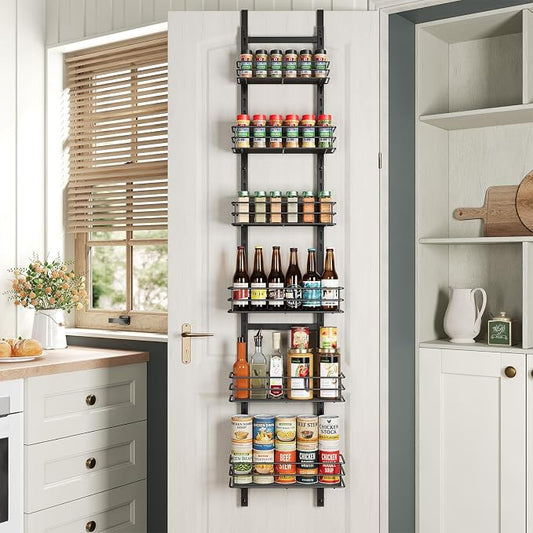 6-Tier Narrow Pantry Door Organizer,Over the Door Pantry Organizer,Black | Height Adjustable Heavy Duty Hanging Metal Basket,Back of Door Organizers and Storage for Home,Kitchen,Laundry,Bathroom