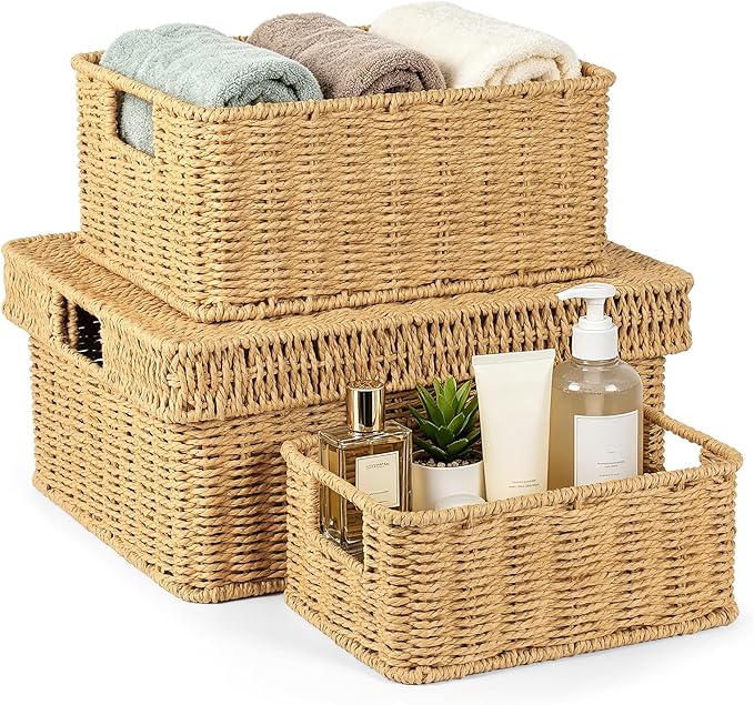 Wicker Storage Basket with Lid for Shelves, 3-Basket Set, Natural | One rectangular wicker basket with lid and two open baskets for decorative shelf storage; removable lid flips into a tray.