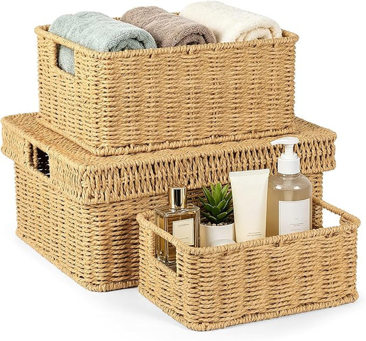 Wicker Storage Basket with Lid for Shelves, 3-Basket Set, Natural | One rectangular wicker basket with lid and two open baskets for decorative shelf storage; removable lid flips into a tray.