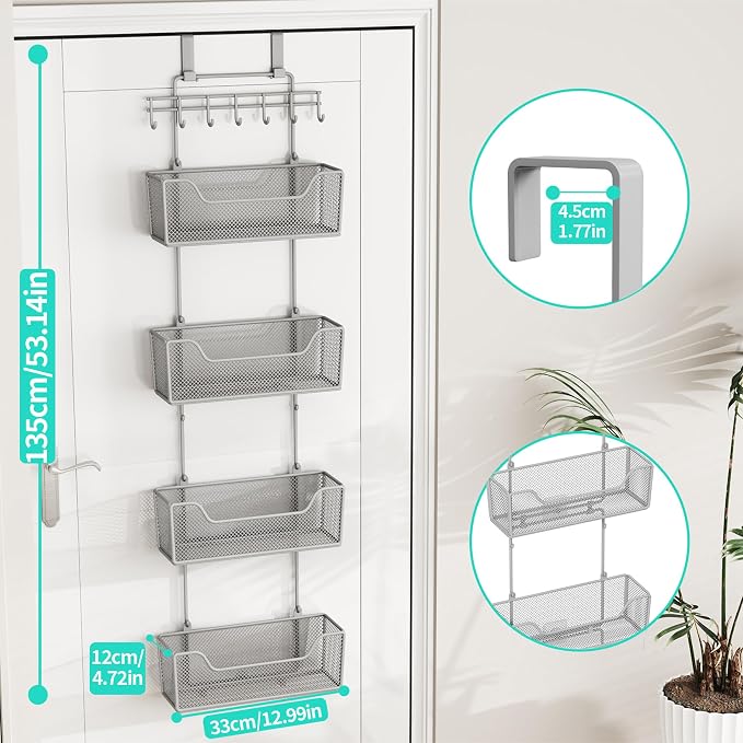 HapiRm Over The Door Organizer - Hanging Door Organizer with 4 Metal Large Capacity Baskets and Adjustable Coat Hook for Bathroom Bedroom Kitchen Pantry Closet Cabinet