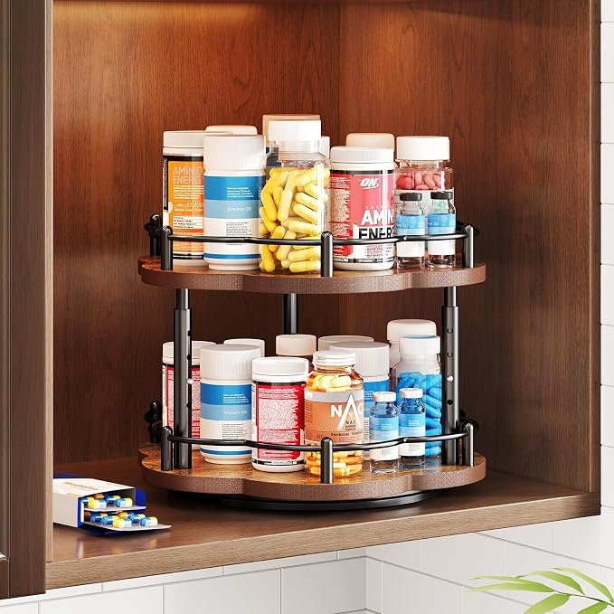 Spice Rack Lazy Susan Organizer for Cabinet, Rotating Spice Organization 2 Tier Adjustable Lazy Susan Turntable Spice Cabinet Organizer for Kitchen Countertop & Pantry, Wood 10 Inch Seasoning Storage