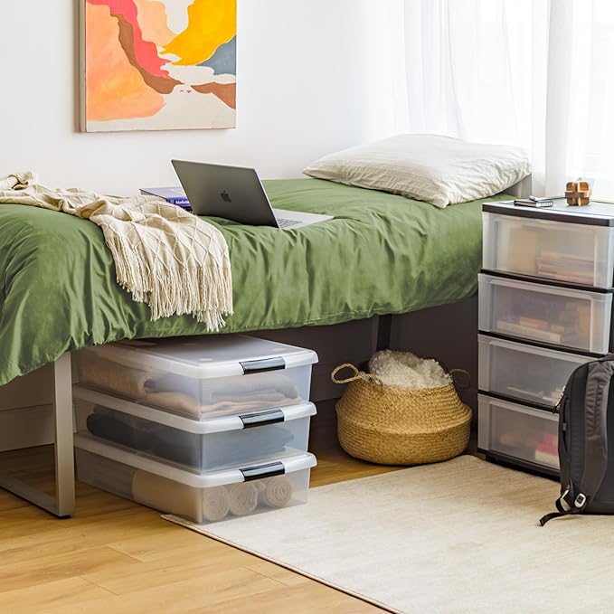 IRIS USA 3-Pack, 40 Qt. Under Bed Storage Bin with Lids, Black/Clear | Store seasonal clothing, shoes, blankets, linens and household essentials neatly under beds to maximize storage space