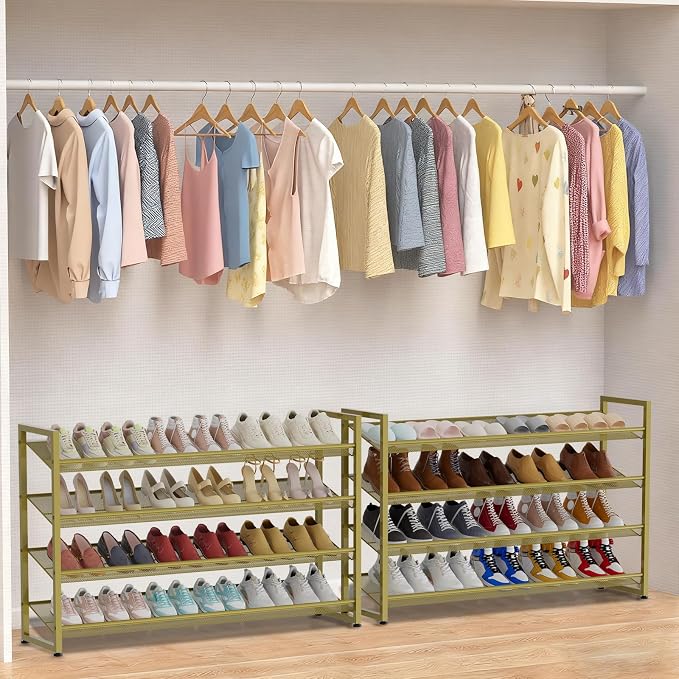 Large Shoe Rack 8 Tier Shoe Organizer, Heavy Duty Metal 4-Tier Stackable Shoe Storage Vertical Shoe Rack for Closet Front Door Entrance, Up to 50 Pairs, 44.8" W x 11.4" D x 56.7" H, Gold