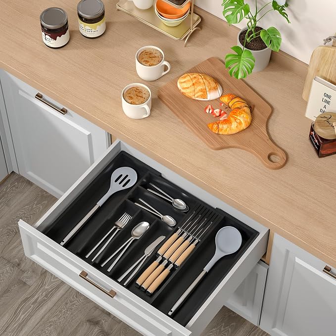 Expandable Bamboo Silverware Drawer Organizer Kitchen Tray, Black | Removable Knife Block, Holds 7 Knives, Adjustable Dividers, 12.6-21.45 x 16.3 x 2.13 in, Drawer Insert for Utensils, Forks
