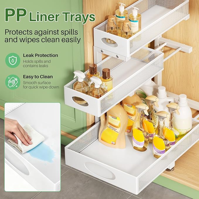 Kitstorack Under Sink Organizer 3-Tier Slide Out Drawer for Bathroom 1-Pack | Height Adjustable, Metal Mesh Storage Rack, Pull out Cabinet Organizer Shelf for Kitchen Pantry Home Laundry Organization