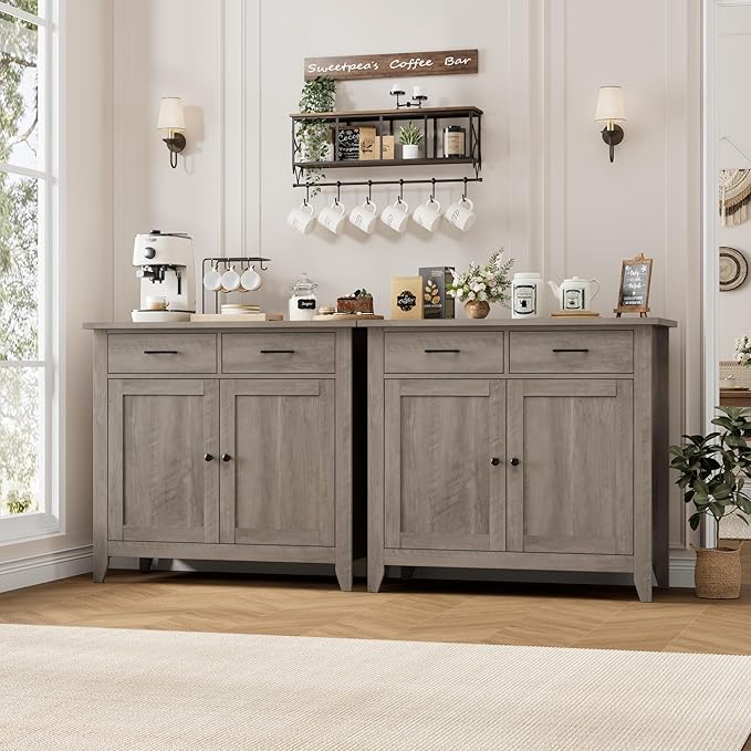 HORSTORS Farmhouse Kitchen Storage Cabinet, Small Buffet, Coffee Bar, Grey | Buffet Sideboard with 2 Drawers & 2 Doors, 35.8"W Coffee Table, Sapce-saving Kitchen Cabinet for Dining Living Room, Entryway
