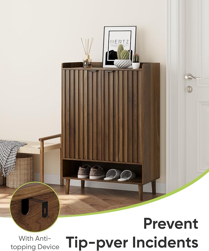 Smart FENDEE Large 6-Tier Shoe Storage Cabinet with Fluted 2 Doors, 44" Tall Freestanding Entryway Shoe Cabinet with Adjustable Shelves,(Walnut