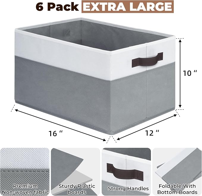 Criusia 6 Pack Clothes Bins for Organization - 16x12 Extra Large Storage Baskets for Shelves Closet Bedroom - Toy Storage Organizer Bins Boxes Cubes for Nursery - RV Apartment Essentials