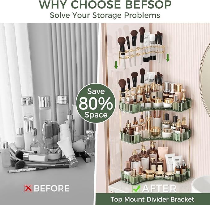 BEFSOP Corner Bathroom Counter Organizer, Upgraded 3-Tier Makeup Organizer Countertop with Makeup Brush Holder, Skincare Exquisite Vanity Organizers Countertop Bathroom Storage Dresser(Green)