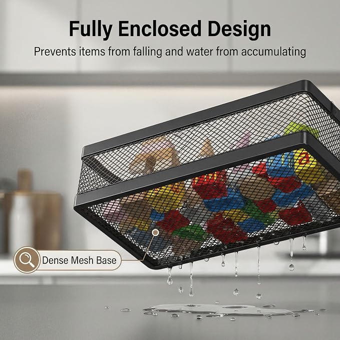 PUSDON Mesh Shower Caddy Wall Mount, Heavy Duty Adhesive Bathroom Shelf Organizer, Rustproof Floating Spice Rack for Kitchen Pantry, Holds 50 LBS, Multi-Purpose Storage Black-2 Packs (Netting)