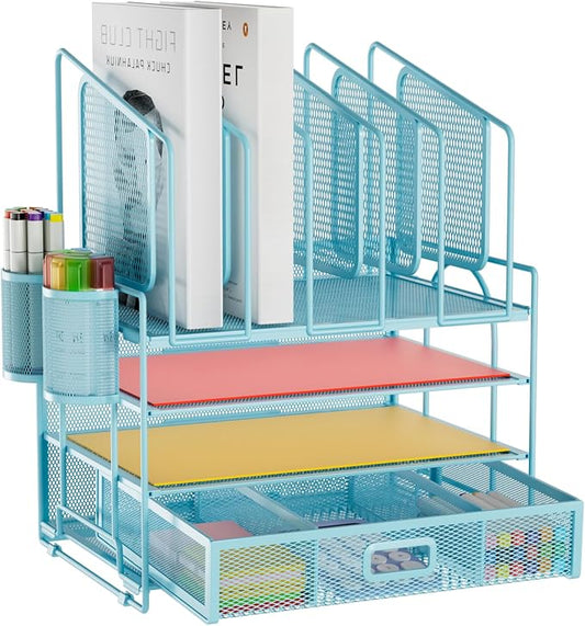 Marbrasse Desk Organizers, 4-Tier Mesh Desk File Organizer with 5 Vertical File Holders and 2 Pen Holders, Multifunction Desktop Organizer,Desk Organizers and Accessories for Home Office (Blue)
