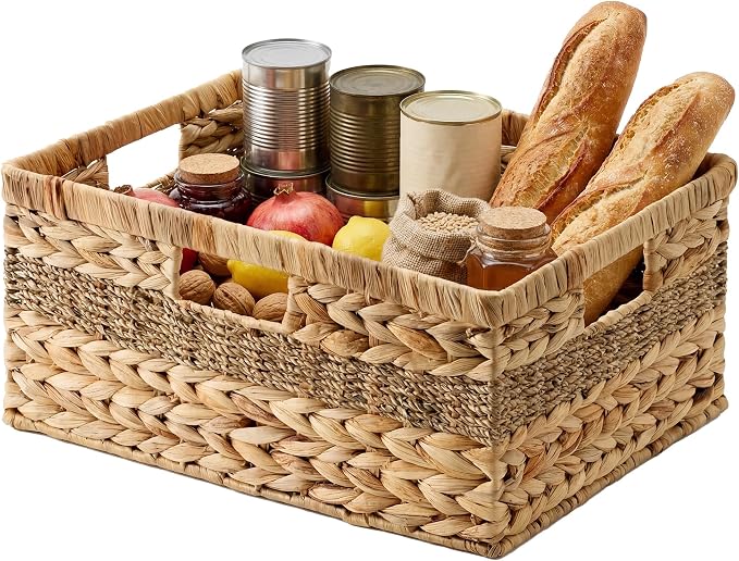 StorageWorks Jumbo Rectangular Wicker Basket, Water Hyacinth and Seagrass Storage Basket with Built-in Handles, 1 Pack