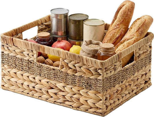 StorageWorks Jumbo Rectangular Wicker Basket, Water Hyacinth and Seagrass Storage Basket with Built-in Handles, 1 Pack